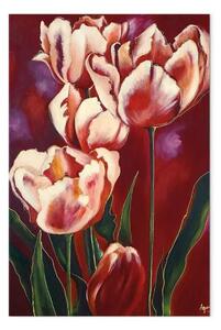 Quadro contemporaneo Tulipani romantici - fiori rosa su sfondo rosso
