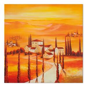 Quadro Calore della Toscana - paesaggio collinare con edifici su sfondo rosso