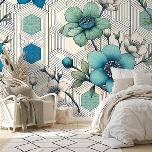 Carta da parati – Fiori blu con sfondo geometrico