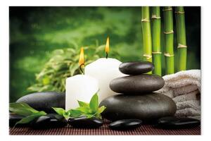 Quadro moderno SPA e natura - candele bianche e pietre circondate dal verde del bambù