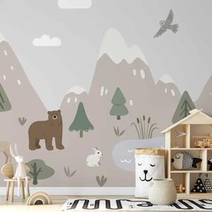 Carta da parati moderna Natura selvaggia - illustrazione con montagne, lago e animali della foresta