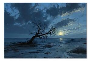 Quadro moderno Spiaggia onirica - notturno con albero su sfondo di paesaggio oscuro e cielo serale