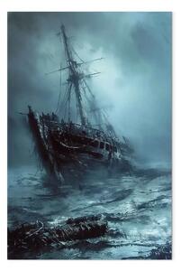 Quadro su tela Ultimo viaggio - relitto di nave nel mare di nebbia in una versione notturna blu