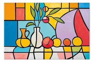 Quadro Ispirazioni Picasso - Vaso e frutta sul tavolo con tovaglia colorata