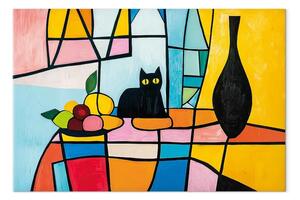 Quadro moderno Ispirazioni Picasso - Gatto nero sul tavolo con tovaglia colorata