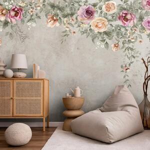 Carta da parati moderna Fascino floreale: rose e peonie dai toni pastello su sfondo beige