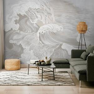 Carta da parati moderna Sea Harmony - onde stilizzate in beige minimalista