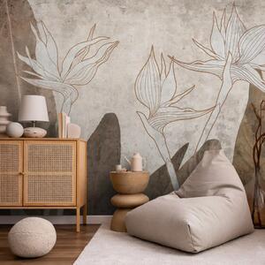 Carta da parati Botanical Sepia - fiori esotici in stile minimalista