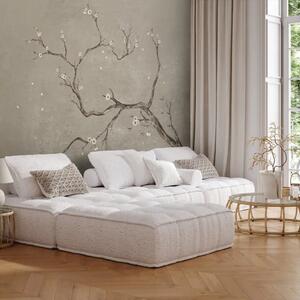 Carta da parati Ramo delicato - Un albero fiorito in stile zen con fiori bianchi