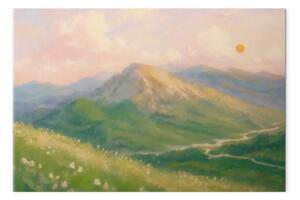 Quadro Paesaggio montano: pendii verdi alla luce del sole nascente