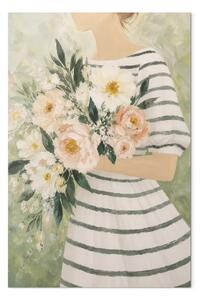 Quadro moderno Abito a righe - donna che tiene tra le mani un mazzo di fiori dai colori vivaci