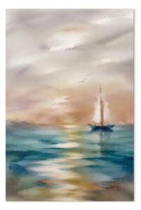 Quadro moderno Una barca a vela solitaria - un tramonto pittoresco su un mare calmo