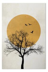 Quadro contemporaneo Sole dorato - silhouette di un albero nero e uccelli in volo