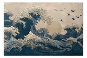 Quadro contemporaneo Grandi onde - Uccelli volanti in stile giapponese sull'oceano agitato