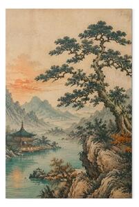 Quadro moderno Paesaggio giapponese: pino su una scogliera, pagoda, tramonto arancione