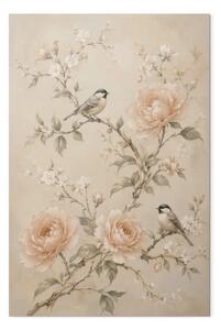 Quadro contemporaneo Peonie rosa - uccelli su rami fioriti su sfondo beige