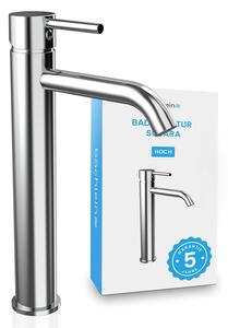 Rubinetto da bagno Bächlein Susara alto con bocca curva, miscelatore monocomando di design extra alto per lavabo da appoggio con cartuccia in Vetroceramica resistente e set di installazione, rubinetto da bagno cromato