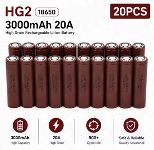 Batteria agli ioni di litio 18650 - Cella ad alta corrente con terminale piatto - 3,7 V - 3000 mAh - Corrente di scarica: 20 A - Ricaricabile - Confezione da 20