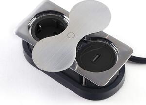 Presa di corrente da incasso angolare (1 x connessione USB / 1 x presa Schuko) look acciaio inox con copertura girevole push to open Presa di corrente doppia per piani di lavoro e scrivanie di SOTECH