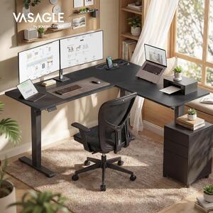 Scrivania regolabile in altezza VASAGLE, 160 cm, a L, scrivania angolare, 2 prese CA, 2 porte USB-A, ripiano per ciabatta elettrica