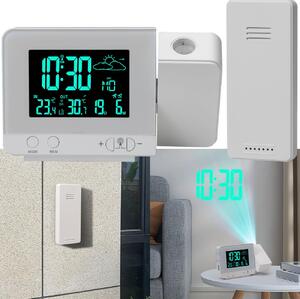 Sveglia proiettore 2-in-1 e stazione meteorologica radio con porta USB – Sveglia con sensore esterno, proietta l'ora in 8 colori su parete e soffitto