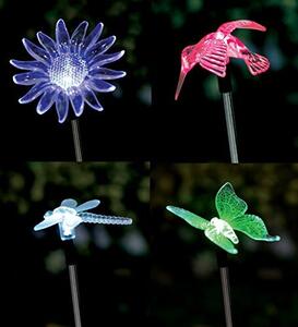 Set da 4 picchetti da giardino a LED con cambio di colore (farfalla, libellula, fiore, colibrì) - Lampada solare - Lampada decorativa - Figurina solare