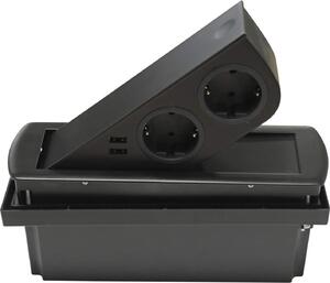 Presa di corrente incorporata (2 x connessione USB / 2 x presa Schuko) nera incl. spina con elemento di presa ad apertura push to open per piani di lavoro e scrivanie di SOTECH
