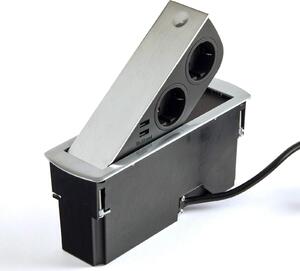 Presa di corrente da incasso (2 x connessione USB / 2 x presa Schuko) look acciaio inox incl. spina con elemento di presa push to open per piani di lavoro e scrivanie di SOTECH