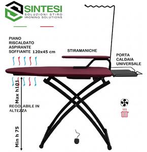 Asse da stiro aspirante soffiante EVO 120x45xh75-101 max cm piano in rete di acciaio dotato di un motore e di una pedaliera copertina colore Bordeaux telaio nero