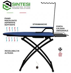 Asse da stiro aspirante soffiante EVO 120x45xh75-101 max cm piano in rete di acciaio dotato di un motore e di una pedaliera copertina colore blu telaio nero