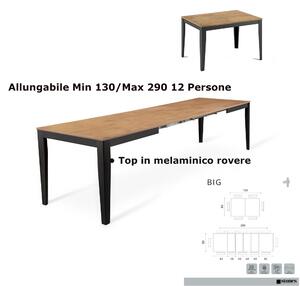 Tavolo Allungabile, Top in melaminico rovere BIG Dimensioni 80x130 Max 290 x h 76 cm, peso kg 68 Fino a 12 persone , Gambe bianche, Top marmo rovere