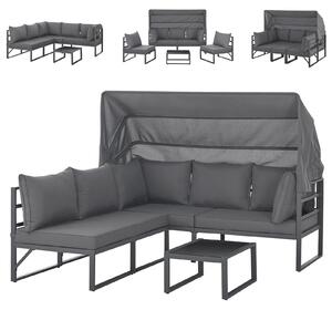 SVITA MAUI Set di mobili da giardino lounge con tetto Divano da esterno Sedia a sdraio Isola solare Acciaio Grigio