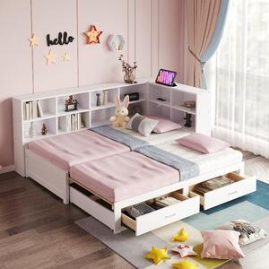 Divano letto in legno massello, dimensioni 90x190 cm, estendibile a 180x190 cm, letto multifunzionale con spazio contenitivo, presa di corrente nella testata, cassetti e rete a doghe, colore bianco
