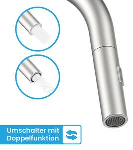 Rubinetto da cucina Bächlein orientabile a 360 gradi - Acciaio inox spazzolato - Miscelatore monocomando per lavello con tubo estraibile e getto con pulsante deviatore