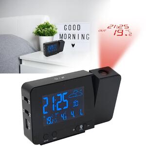 Sveglia proiettore con stazione meteorologica wireless, porta USB, sensore esterno, colore nero, display dell'ora, calendario, indicatore di temperatura interno ed esterno