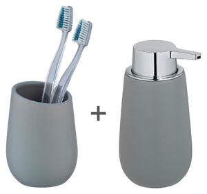 Set da bagno WENKO, modello Badi, composto da 2 accessori: 1 dispenser per sapone ricaricabile con una capacità massima di 320 ml di sapone liquido e 1 portaspazzolino da denti, realizzato in Vetroceramica con finitura opaca, colore grigio