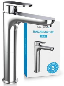 Rubinetto da bagno alto Bächlein dal design classico, miscelatore monocomando extra alto per lavabo da appoggio con set di installazione, rubinetto da bagno cromato