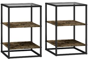 HOMCOM Set 2 Tavolini da Soggiorno a 3 Livelli in Legno e Metallo con Piano in Vetro Temperato, 37x40x55.5 cm, Marrone