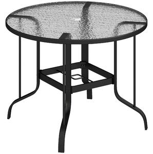 Outsunny Tavolino da Giardino Rotondo con Foro per Ombrellone, in Metallo e Vetro Temperato, Ø96.5x71 cm, Nero