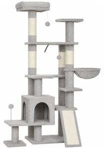 Albero Tiragraffi Multilivello per Gatti 78x40x152 cm con 4 Pali in Sisal Truciolare e Peluche Grigio Chiaro
