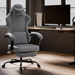 Sedia da gaming in ecopelle PVC, con funzione massaggio, poggiapiedi, design ergonomico, capacità massima di 150 kg, colore grigio