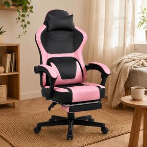 Sedia da gaming in stile kawaii, con poggiapiedi, doppio supporto lombare, ideale per l'ufficio domestico e il relax, colore rosa baby