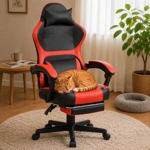 Sedia da gaming, poggiapiedi, doppio supporto lombare, ideale per l'ufficio domestico e il relax – colore nero e rosso