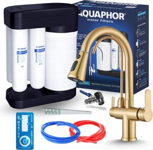 Miscelatore da cucina a 3 vie Nordic con sistema a osmosi inversa Morion 102S RO, bocca separata per l'acqua filtrata, doccetta estraibile, bocca girevole
