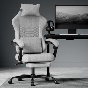 Sedia da gaming in tessuto, con funzione massaggio, poggiatesta, ergonomica, stile racing, con poggiapiedi, colore grigio chiaro