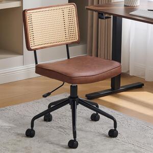 Sedia da ufficio vintage, girevole a 360°, con schienale in rattan e seduta imbottita in ecopelle