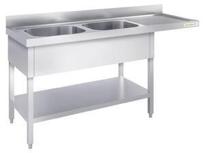 Lavello per lavastoviglie in acciaio inossidabile, a due vasche, dimensioni 1600x600 mm, con scolapiatti integrato a destra, modello PREMIUM - GOLDINOX