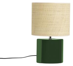 Lampada da tavolo in ceramica verde scuro e paralume in rafia naturale H40 cm TIGA