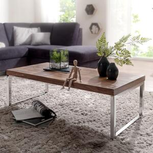 FineBuy Tavolino in legno massiccio di Sheesham 120x60x40 cm - Tavolo rettangolare da soggiorno con base a slitta cromata - Design industriale fatto a mano