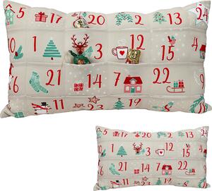 Cuscino calendario dell'Avvento con 24 taschine, 50x30x10 cm, poliestere 210 g/m², motivi natalizi da 1 a 24, calendario dell'Avvento, frase natalizia
